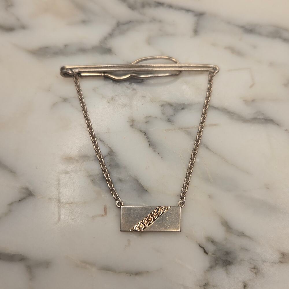 Vintage Sterling Silver & 14K Gold Two-Tone Tie Bar Clip with Safety Chain
